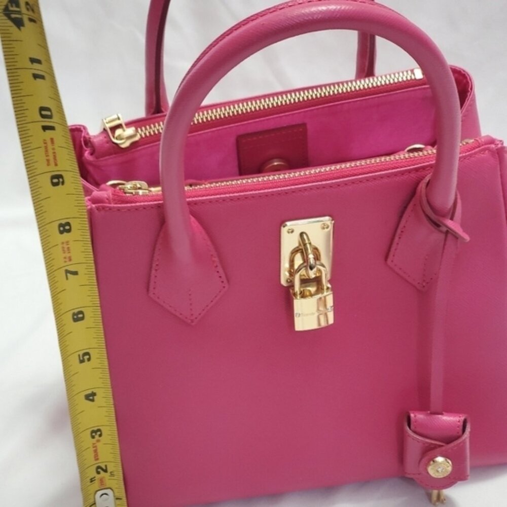 Samantha Thavasa Hot Pink Saffiano Leather Satchel Bag Padlock Crossbody Gold - Picture 8 of 15